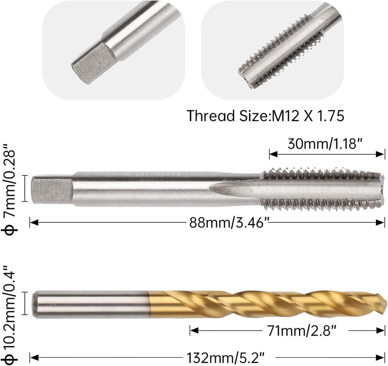 Winfox M12 x 1.75 Straight Flute Thread Tap and 10.2mm Twist Drill Bit Set, Metric Titanium Plated 6542 High Speed Steel Machine Screw Thread Tap Threading Drilling Tool - Image 1